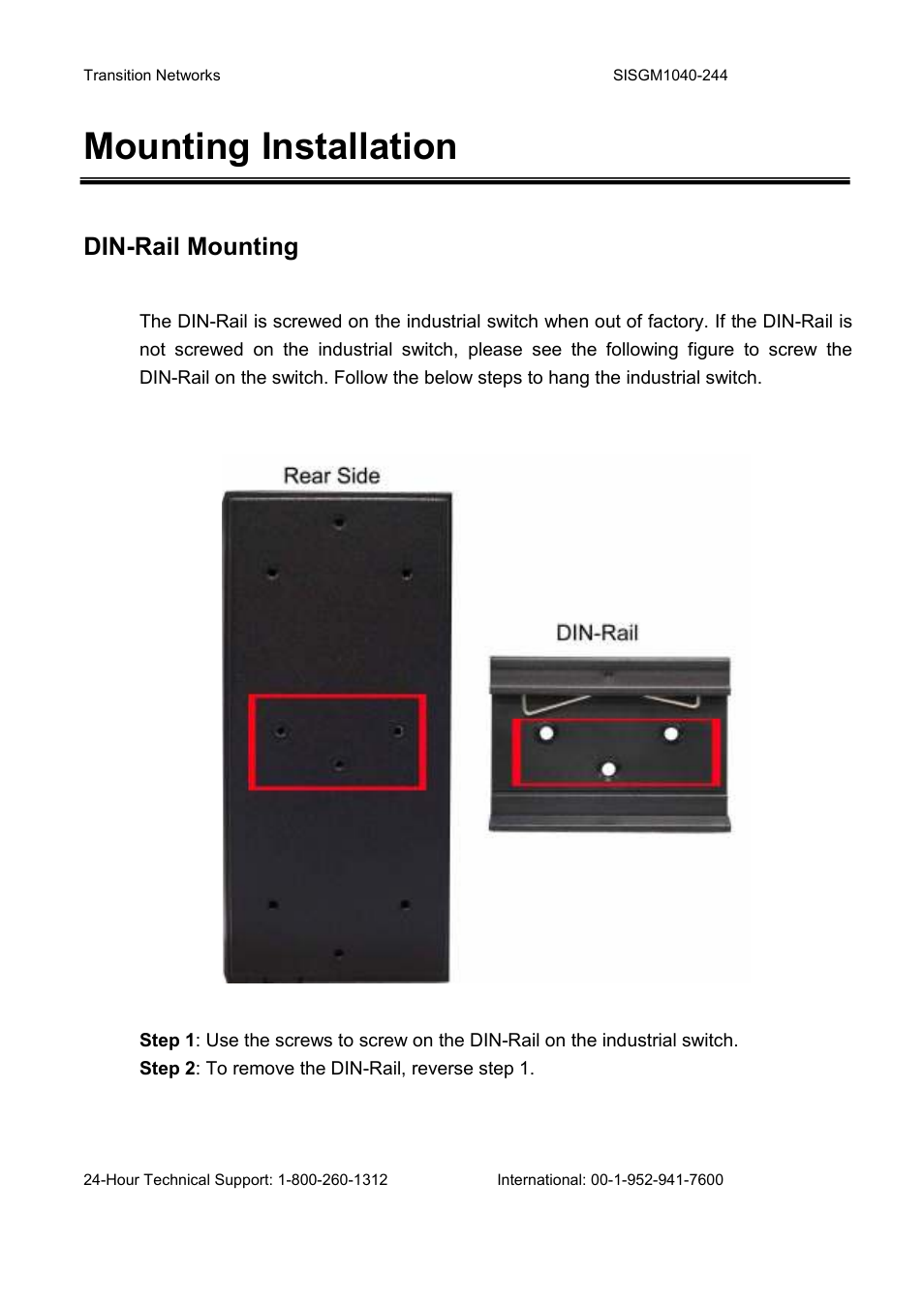Mounting installation, Din-rail mounting | Transition Networks SISGM1040-244 User Manual | Page 26 / 117