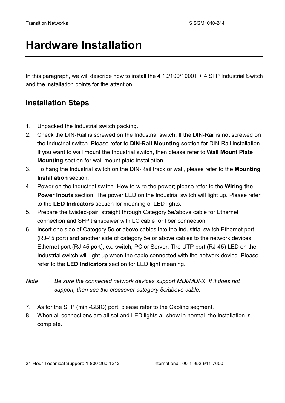 Hardware installation, Installation steps | Transition Networks SISGM1040-244 User Manual | Page 29 / 117