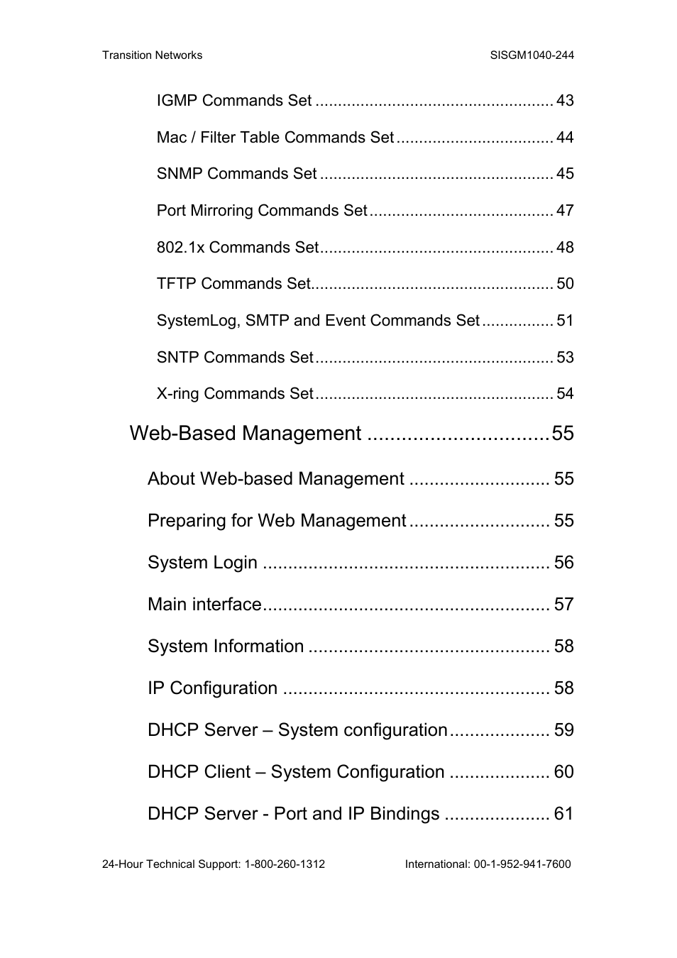 Web-based management, About web-based management, Preparing for web management | System login, Main interface, System information, Ip configuration, Dhcp server – system configuration, Dhcp client – system configuration, Dhcp server - port and ip bindings | Transition Networks SISGM1040-244 User Manual | Page 4 / 117