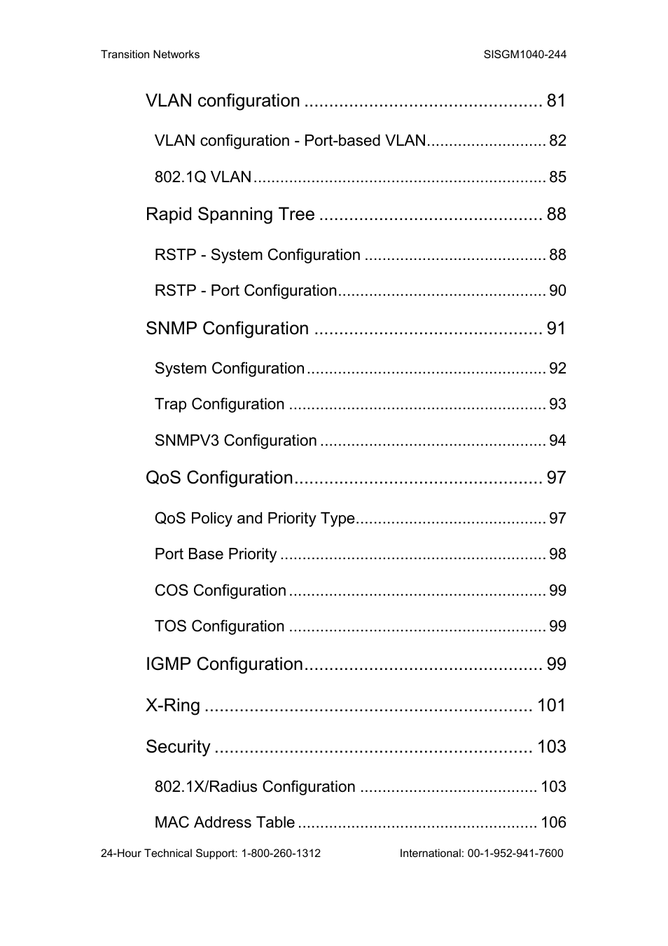 Vlan configuration, Rapid spanning tree, Snmp configuration | Qos configuration, Igmp configuration, X-ring, Security | Transition Networks SISGM1040-244 User Manual | Page 6 / 117