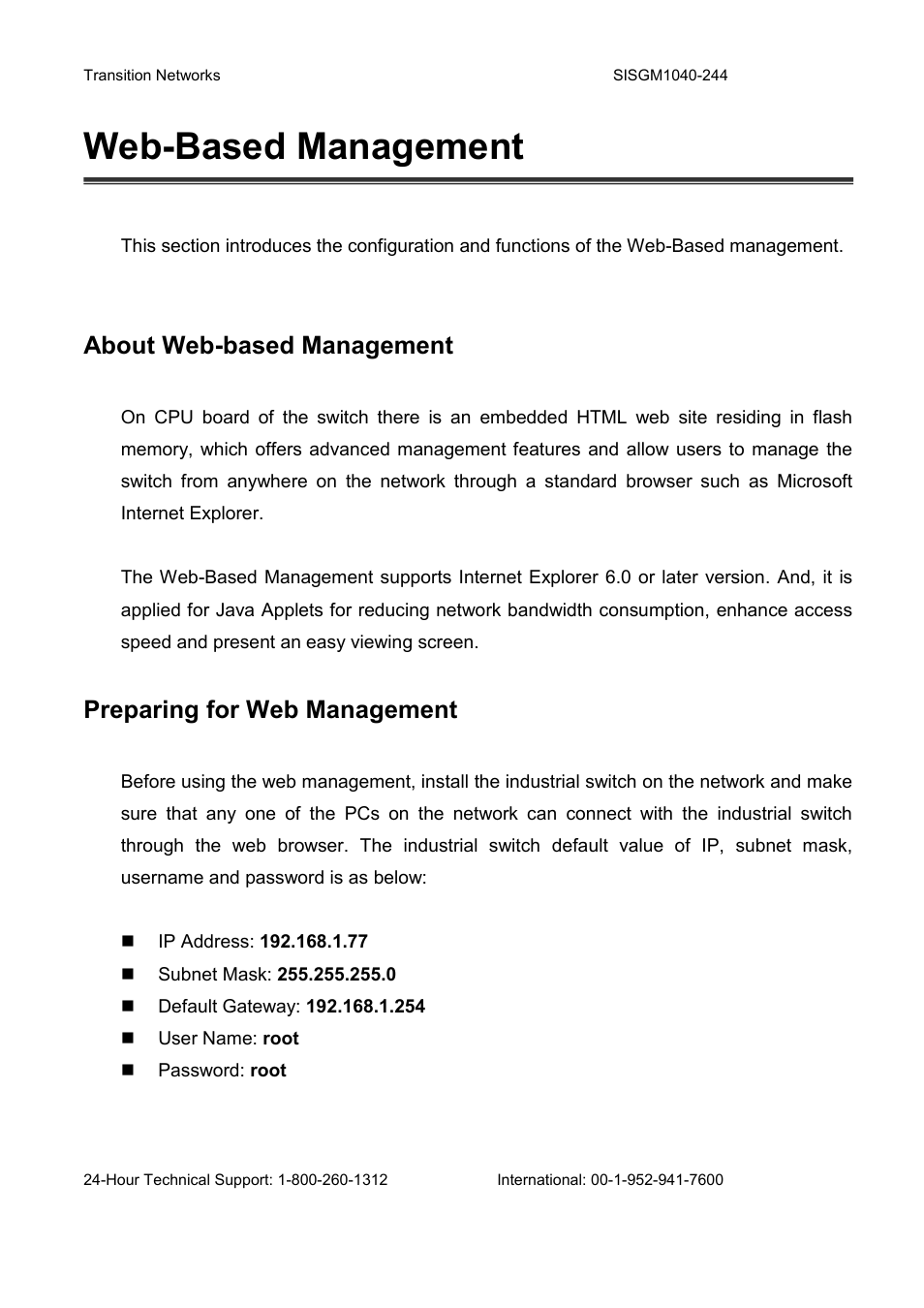 Web-based management, About web-based management, Preparing for web management | Transition Networks SISGM1040-244 User Manual | Page 62 / 117