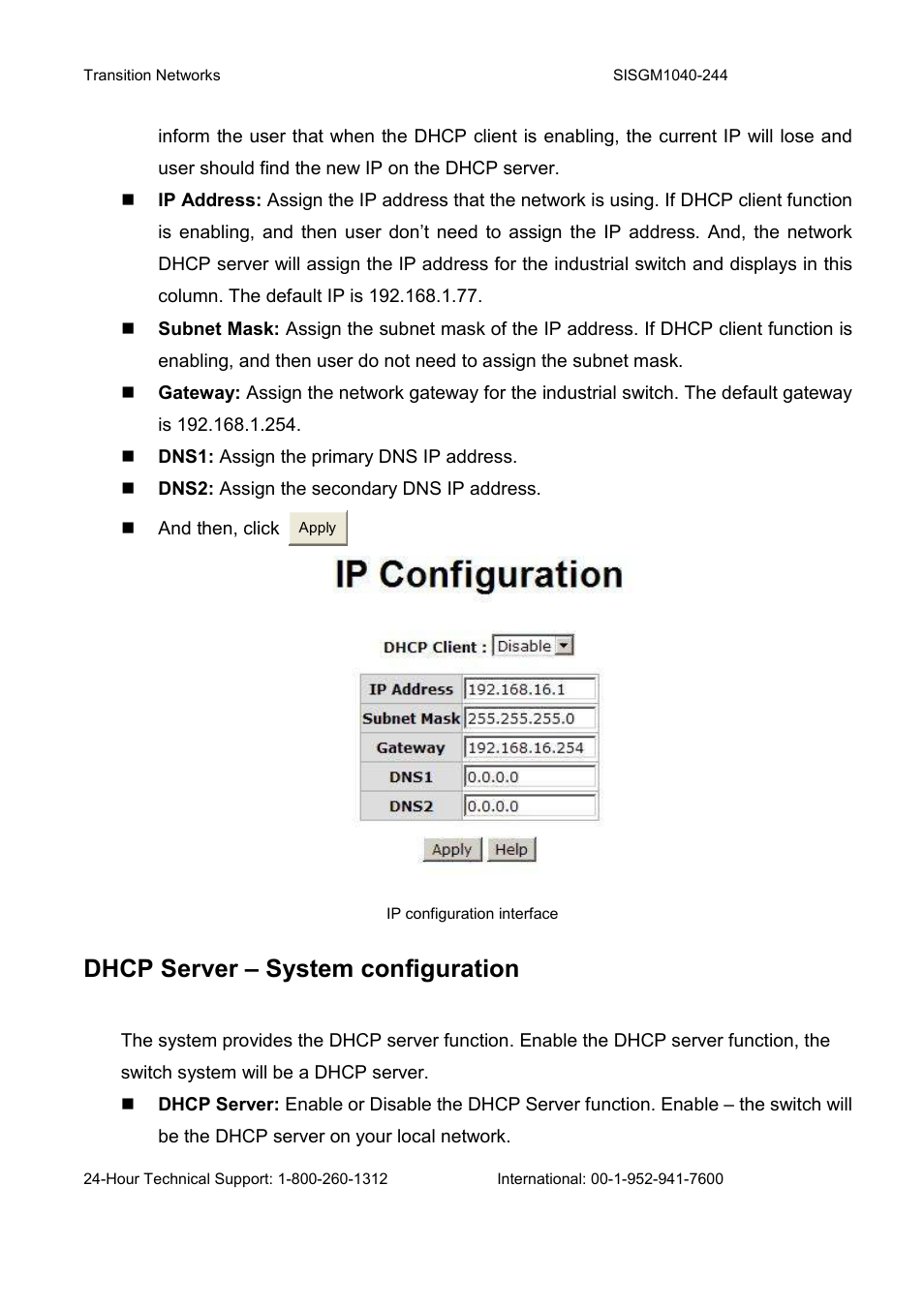 Dhcp server – system configuration | Transition Networks SISGM1040-244 User Manual | Page 66 / 117