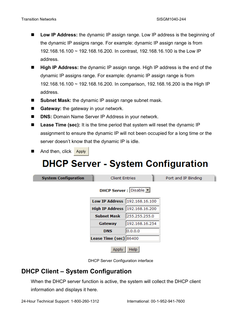 Dhcp client – system configuration | Transition Networks SISGM1040-244 User Manual | Page 67 / 117