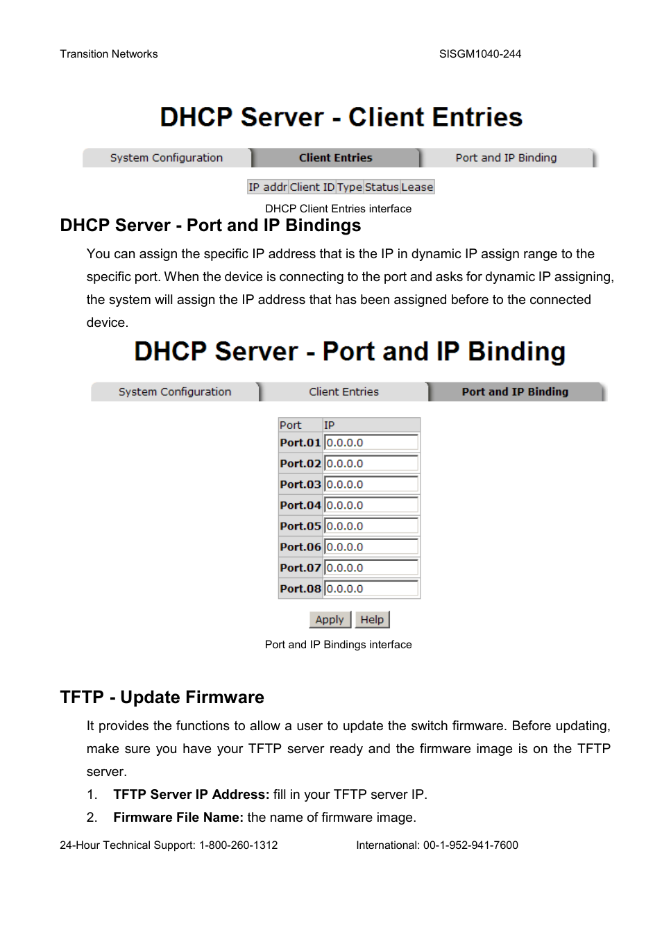 Dhcp server - port and ip bindings, Tftp - update firmware | Transition Networks SISGM1040-244 User Manual | Page 68 / 117