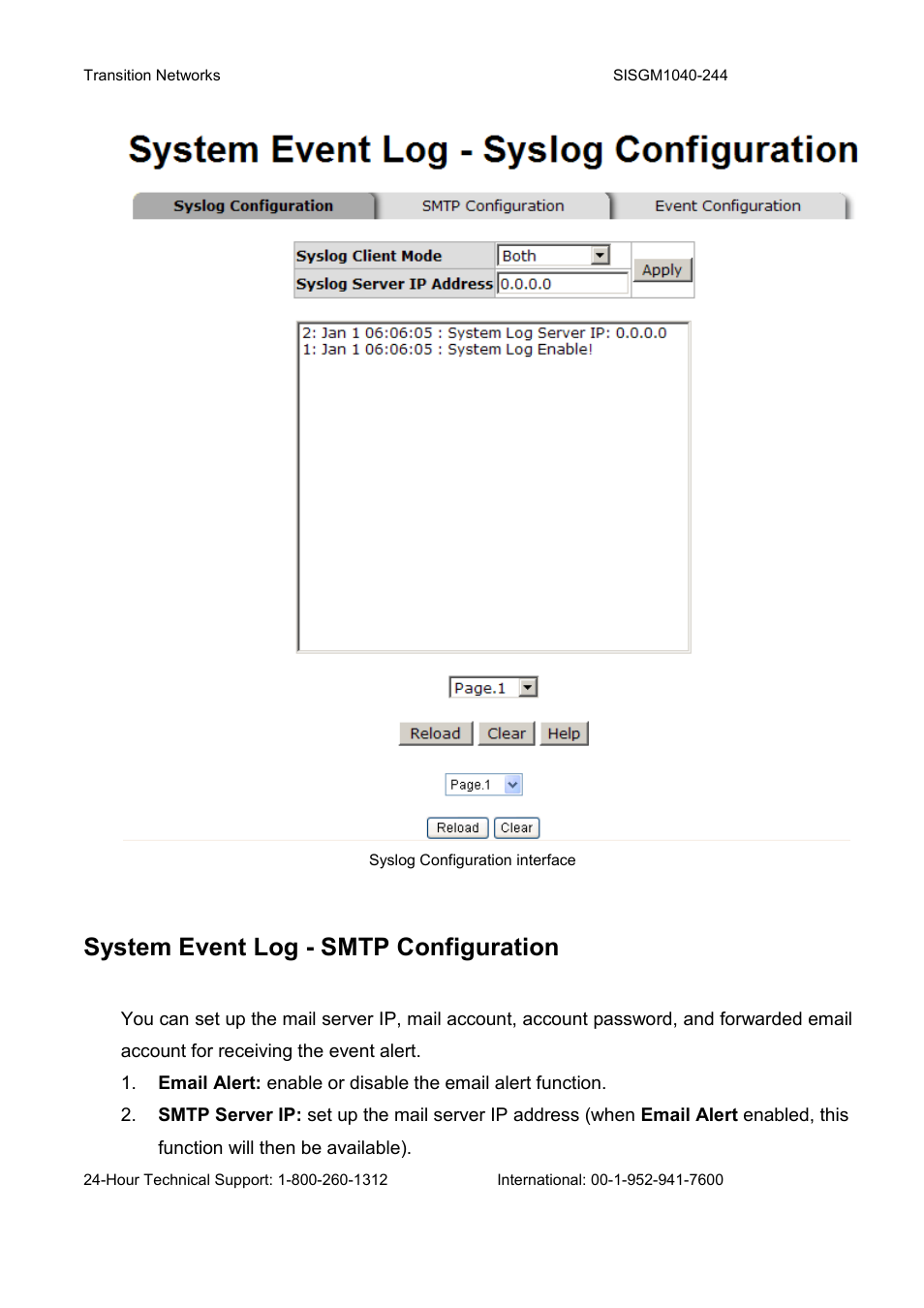 System event log - smtp configuration | Transition Networks SISGM1040-244 User Manual | Page 71 / 117