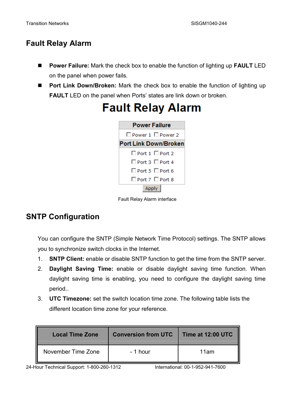 Fault relay alarm, Sntp configuration | Transition Networks SISGM1040-244 User Manual | Page 75 / 117
