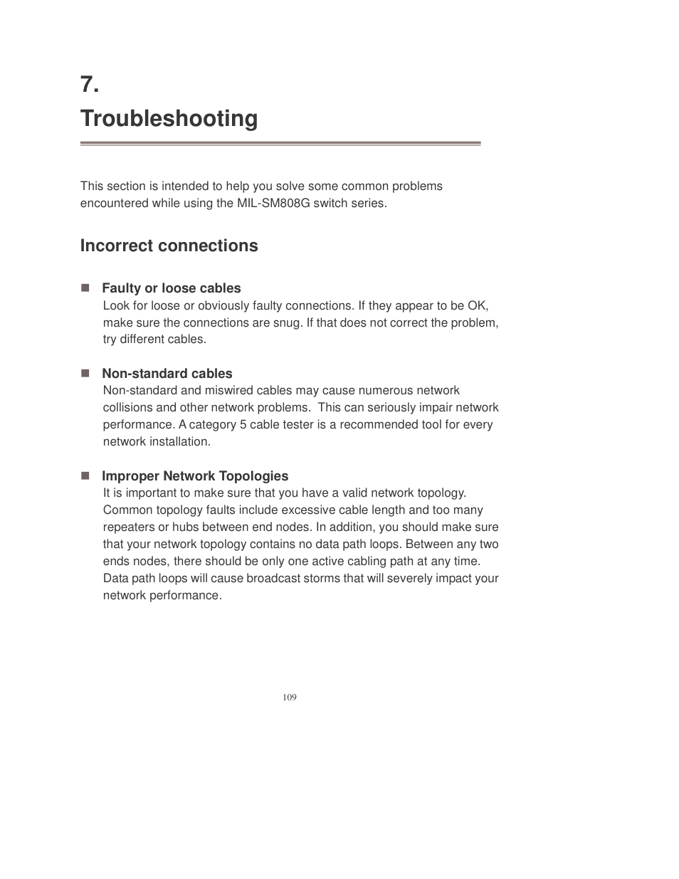 Troubleshooting, Incorrect connections | Transition Networks MIL-SM808GPXX User Manual | Page 115 / 117