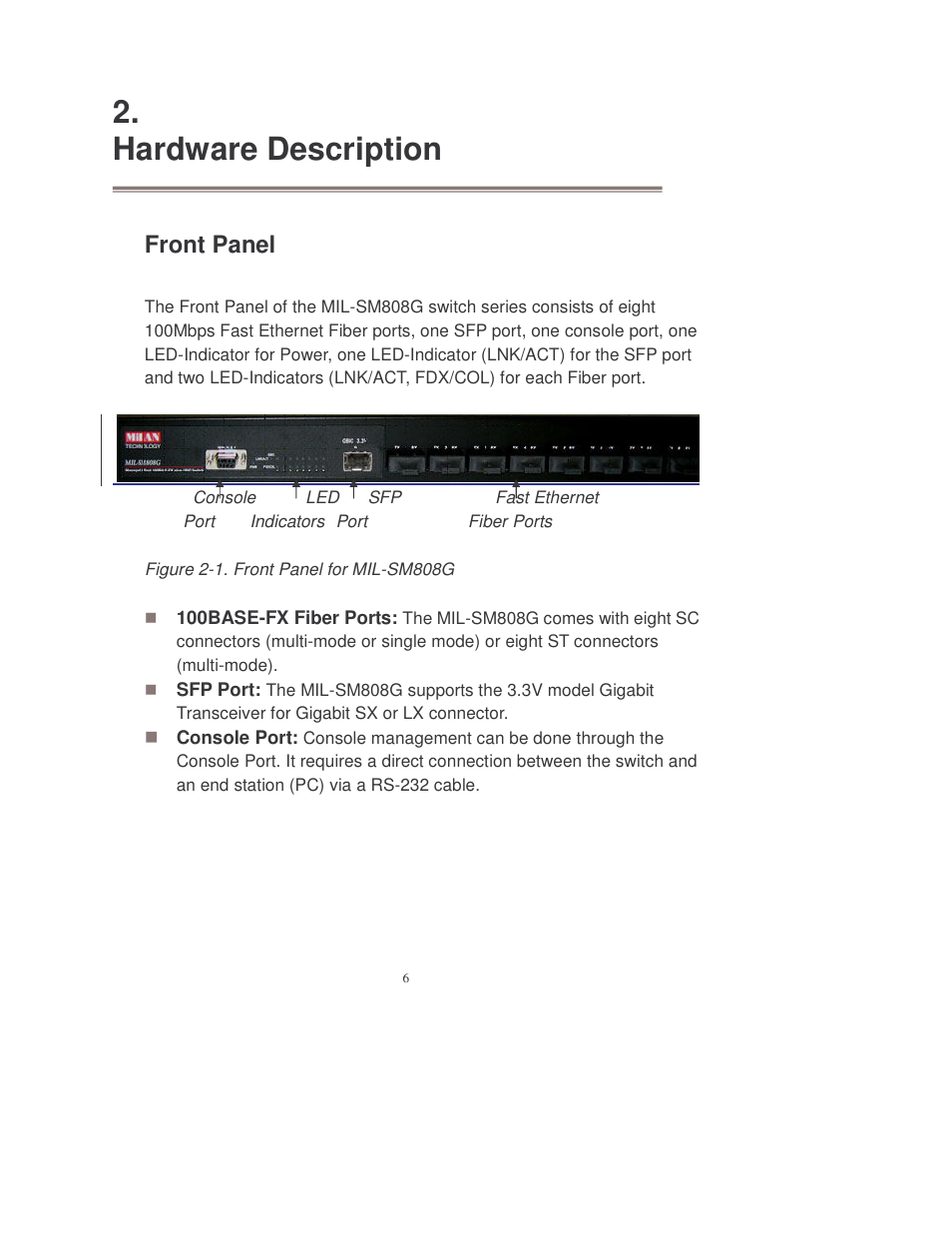 Hardware description, Front panel | Transition Networks MIL-SM808GPXX User Manual | Page 12 / 117