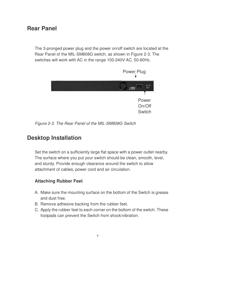 Rear panel, Desktop installation | Transition Networks MIL-SM808GPXX User Manual | Page 14 / 117
