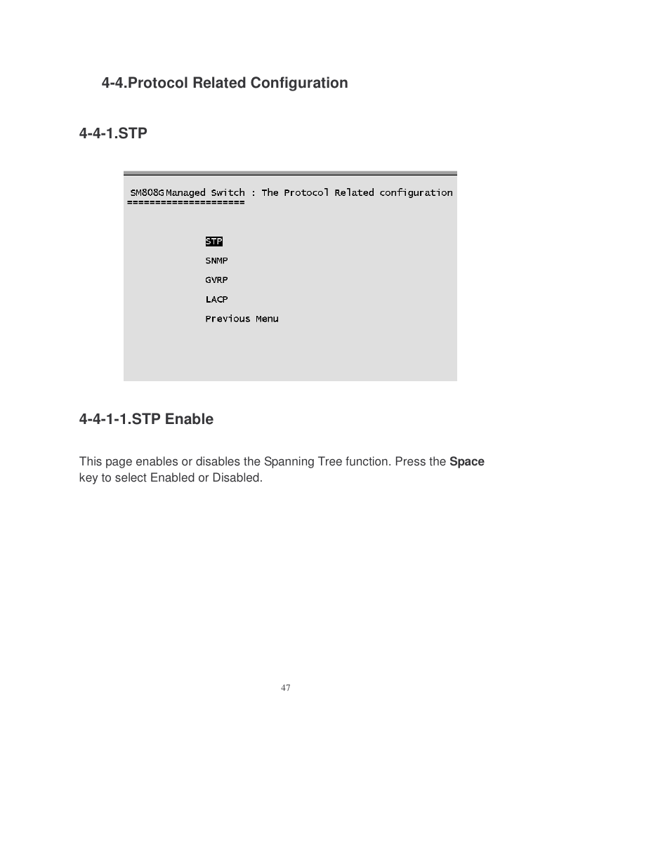 4.protocol related configuration, 4-1.stp, 4-1-1.stp enable | Transition Networks MIL-SM808GPXX User Manual | Page 53 / 117
