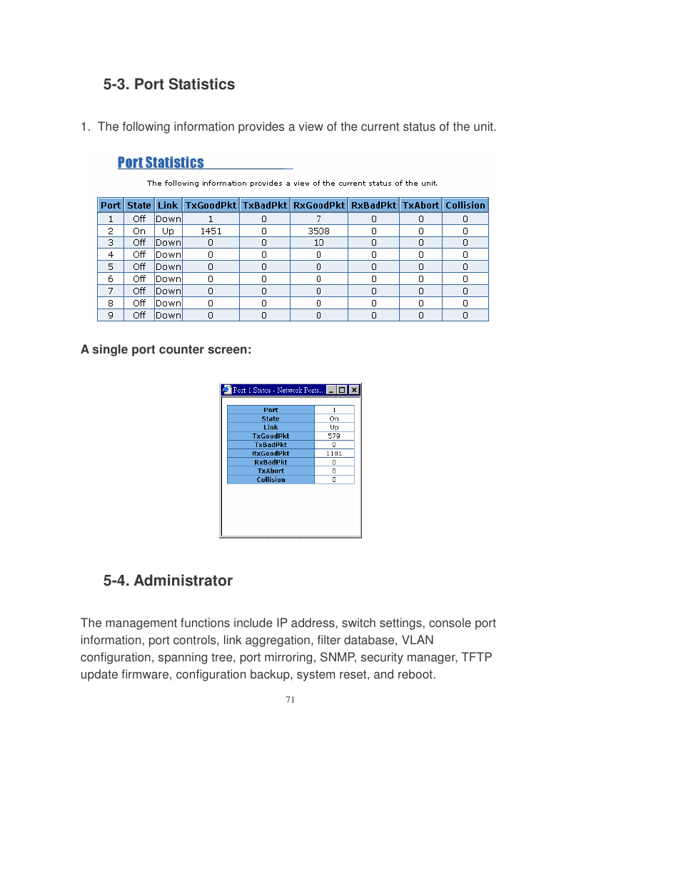3. port statistics, 4. administrator | Transition Networks MIL-SM808GPXX User Manual | Page 77 / 117