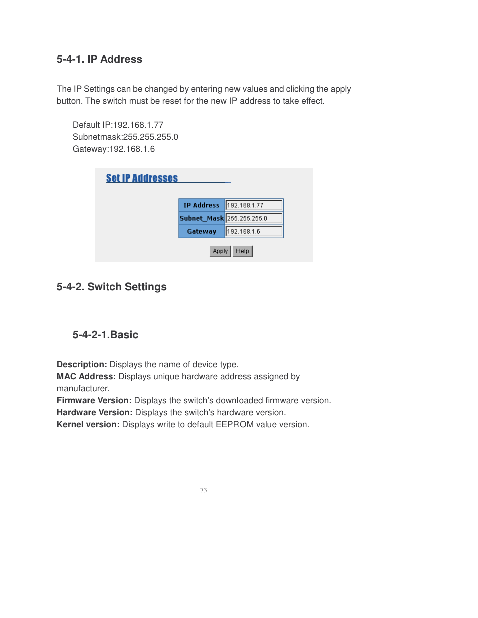 4-1. ip address, 4-2. switch settings, 4-2-1.basic | Transition Networks MIL-SM808GPXX User Manual | Page 79 / 117