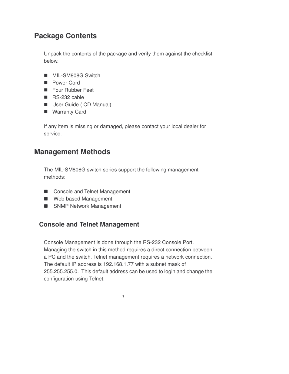 Package contents, Management methods | Transition Networks MIL-SM808GPXX User Manual | Page 9 / 117