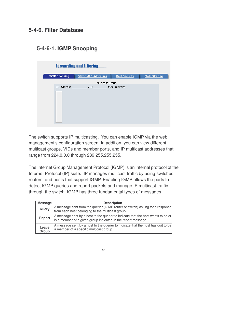 4-6. filter database, 4-6-1. igmp snooping | Transition Networks MIL-SM808GPXX User Manual | Page 94 / 117