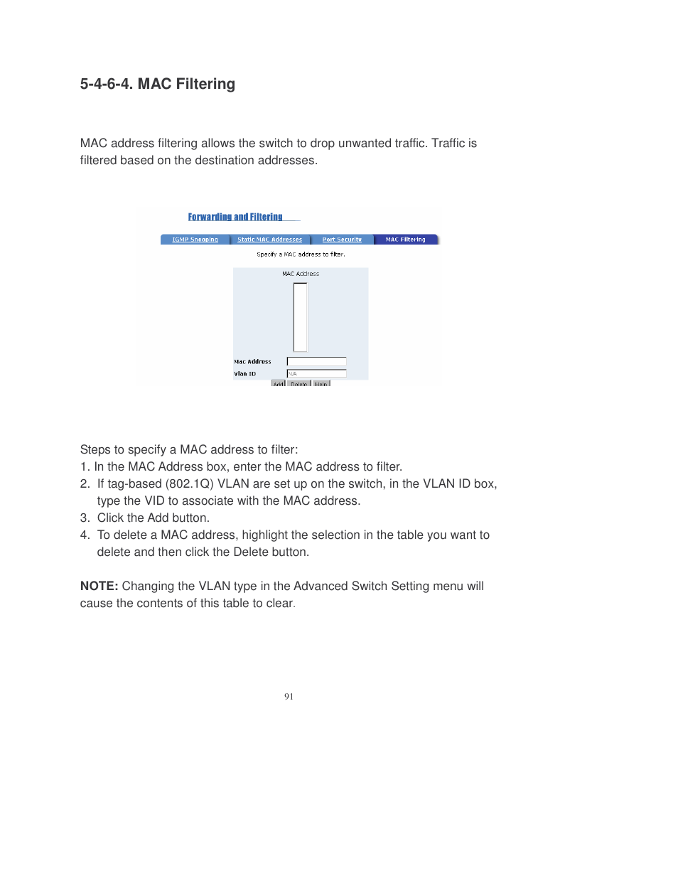 4-6-4. mac filtering | Transition Networks MIL-SM808GPXX User Manual | Page 97 / 117