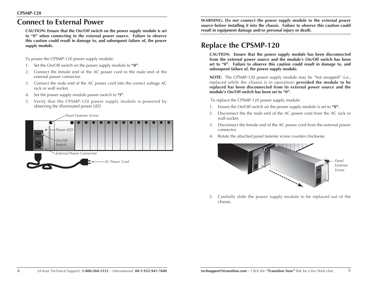 Connect to external power, Replace the cpsmp-120 | Transition Networks CPSMP-120 User Manual | Page 3 / 7
