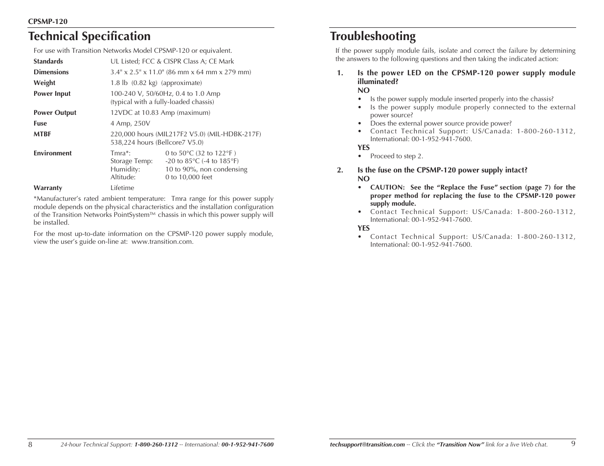 Technical specification, Troubleshooting | Transition Networks CPSMP-120 User Manual | Page 5 / 7