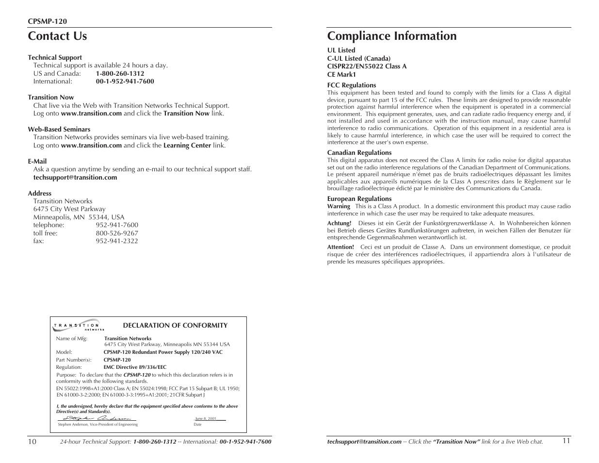 Contact us, Compliance information | Transition Networks CPSMP-120 User Manual | Page 6 / 7