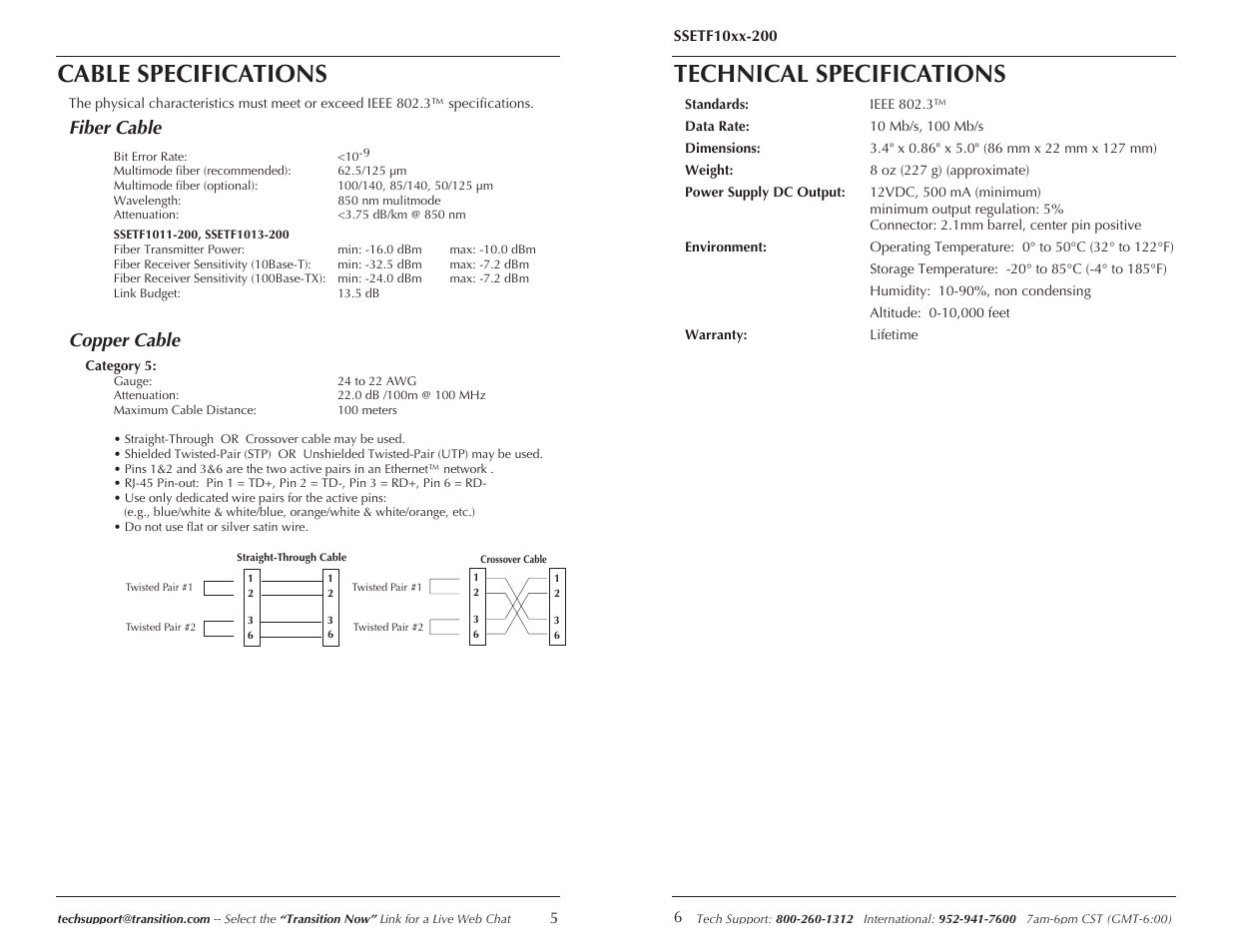 Cable specifications, Technical specifications, Fiber cable | Copper cable | Transition Networks SSETF10XX-200 User Manual | Page 3 / 6