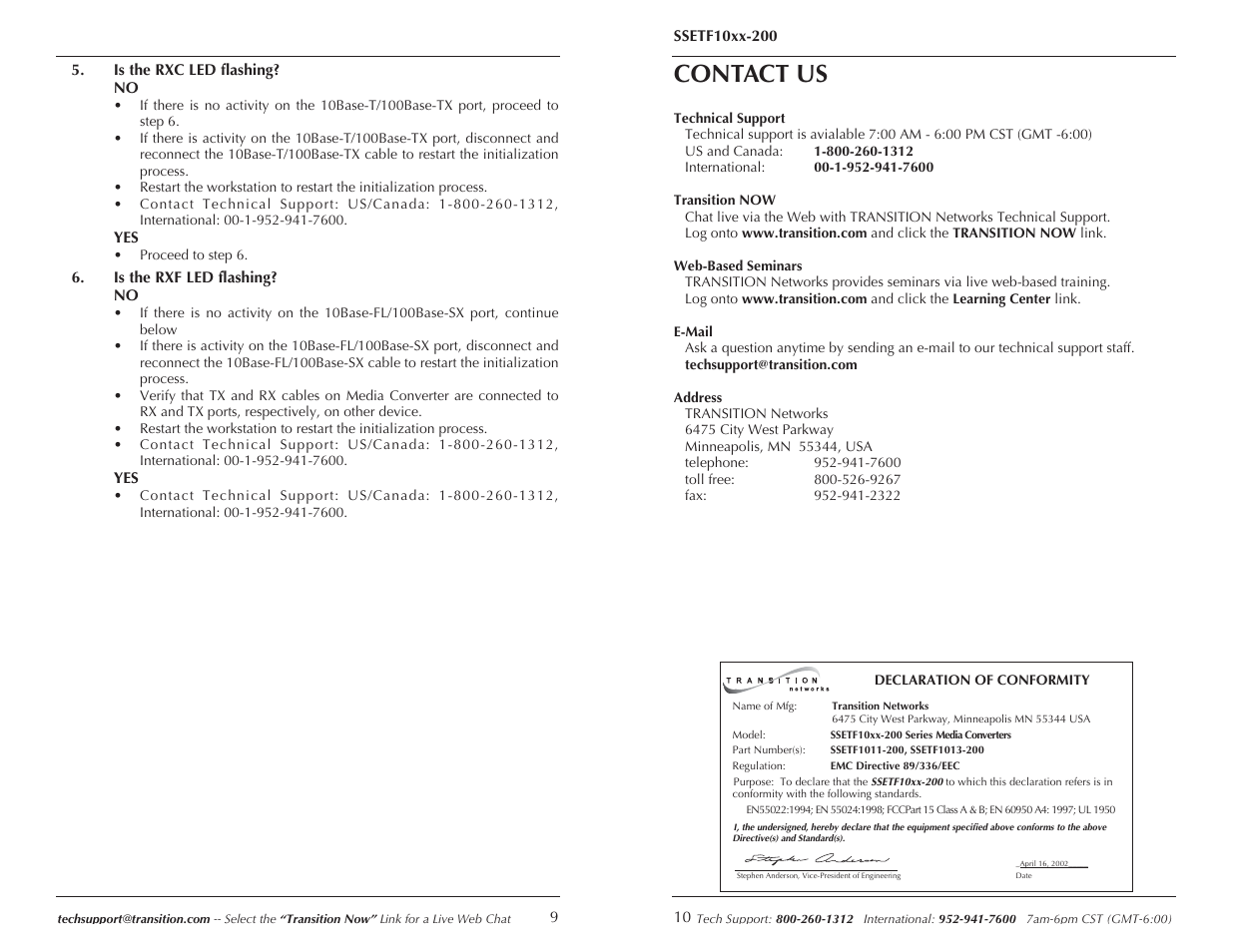 Contact us | Transition Networks SSETF10XX-200 User Manual | Page 5 / 6