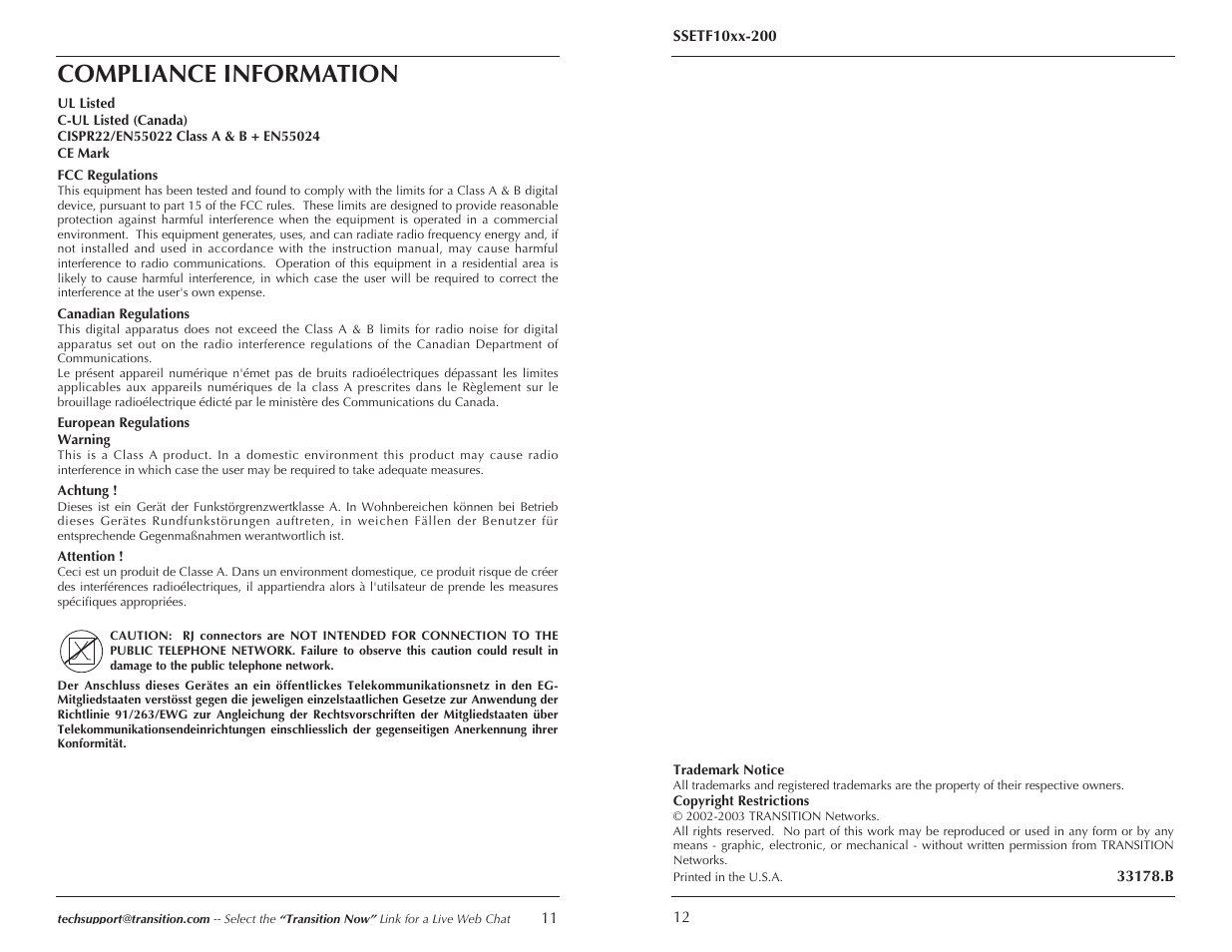 Compliance information | Transition Networks SSETF10XX-200 User Manual | Page 6 / 6