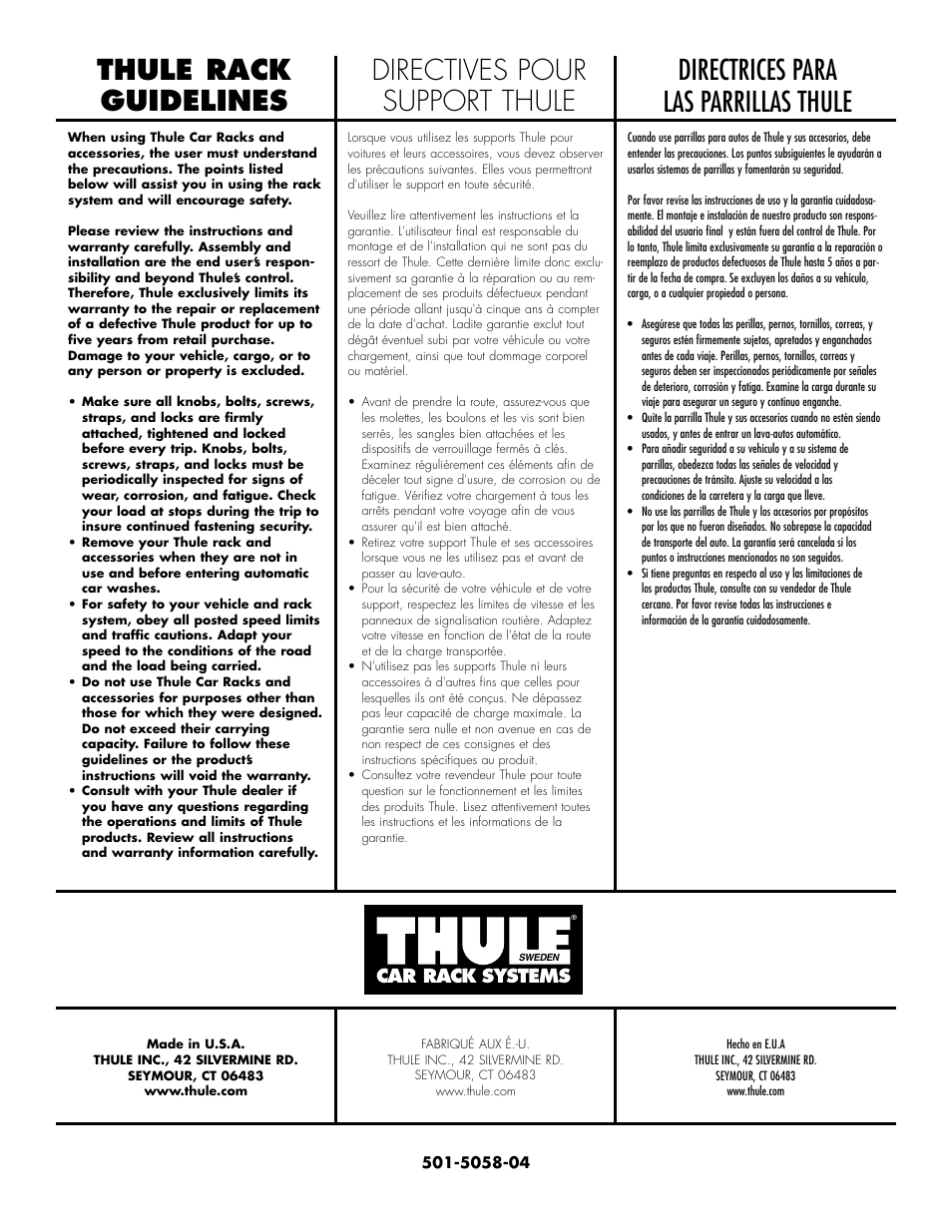 Thule rack guidelines, Directrices para las parrillas thule, Directives pour support thule | Car rack systems | Thule 520 User Manual | Page 4 / 4