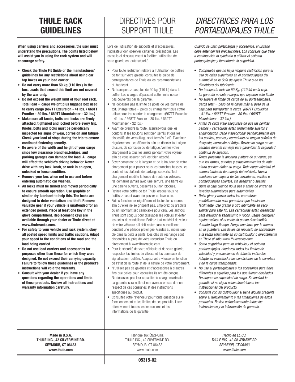 Thule rack guidelines, Directives pour support thule, Directrices para los portaequipajes thule | Thule Time Travel Series 668TT User Manual | Page 6 / 7