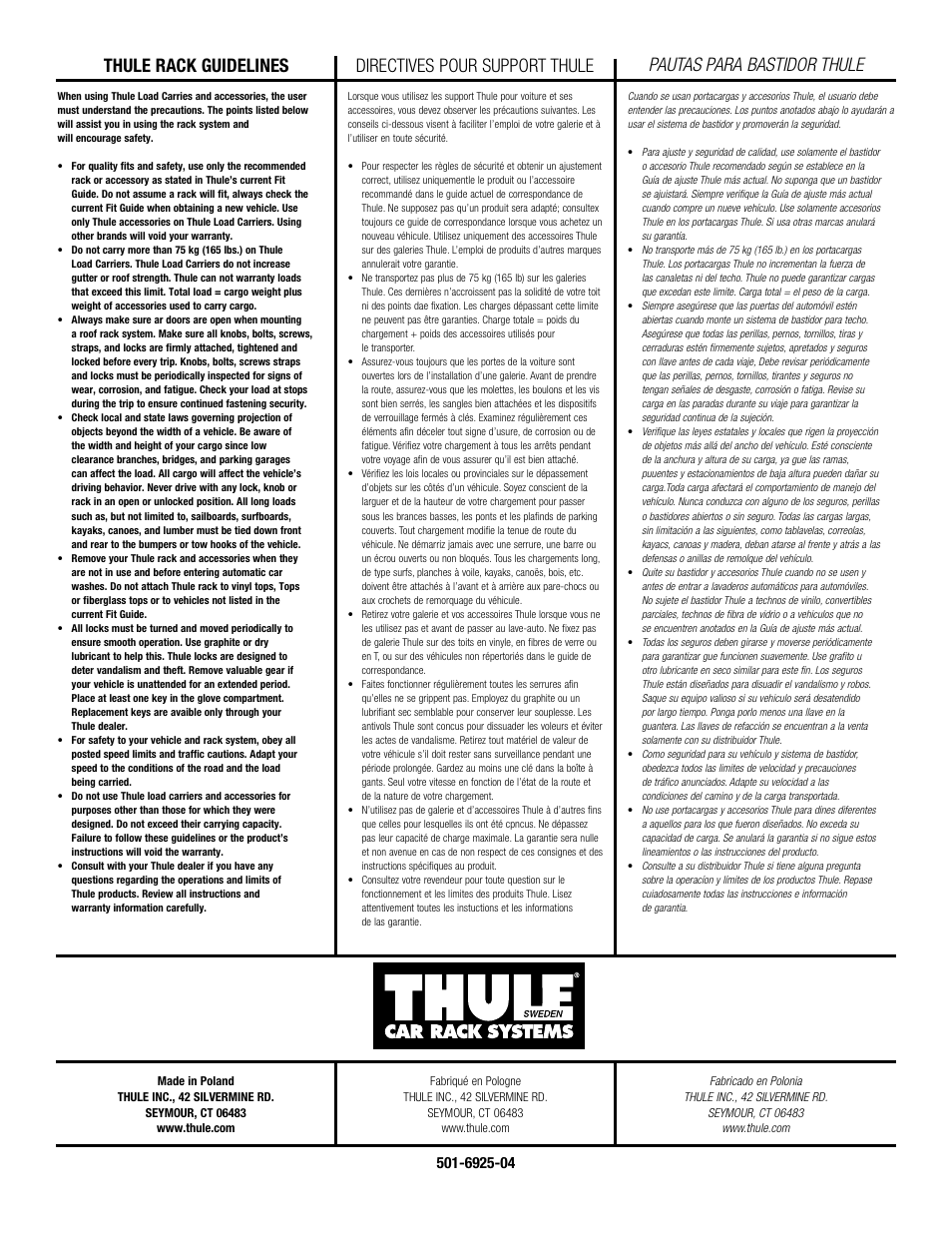 Thule rack guidelines, Directives pour support thule, Pautas para bastidor thule | Thule 598 User Manual | Page 6 / 7