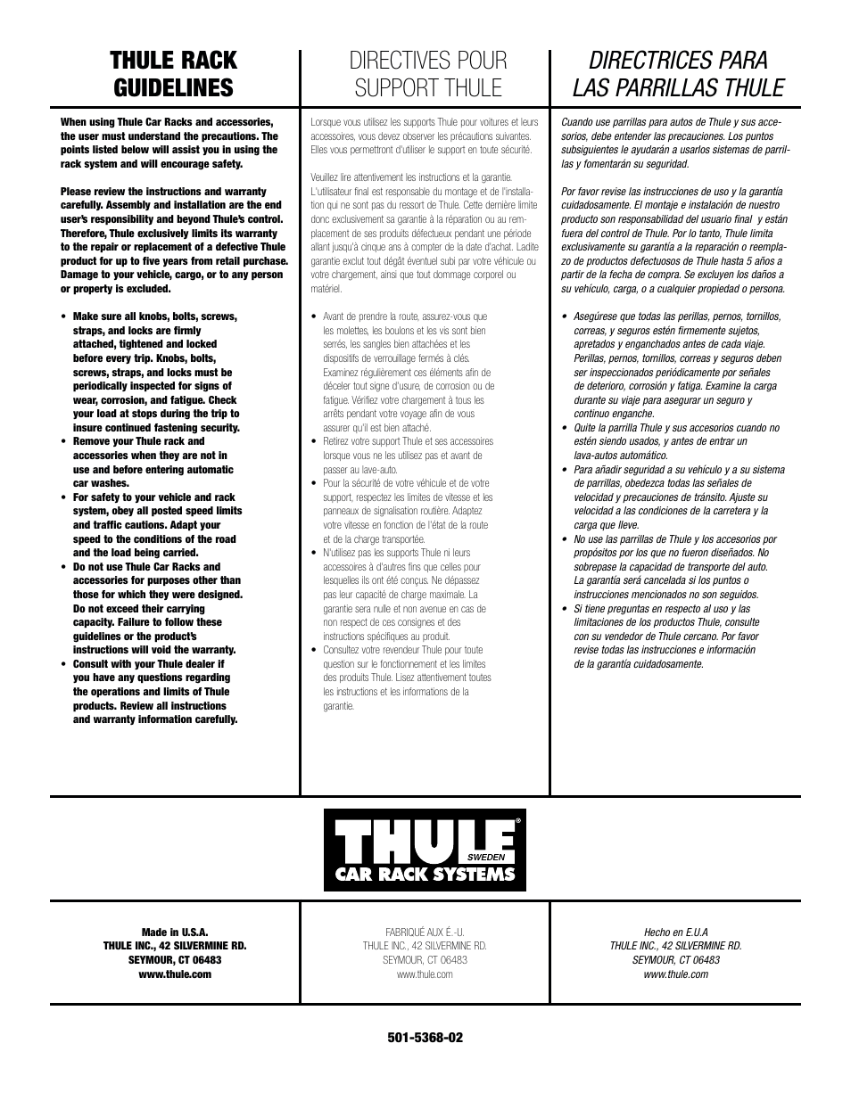 Thule rack guidelines, Directives pour support thule, Directrices para las parrillas thule | Thule Long Tray Classic 591 User Manual | Page 6 / 6