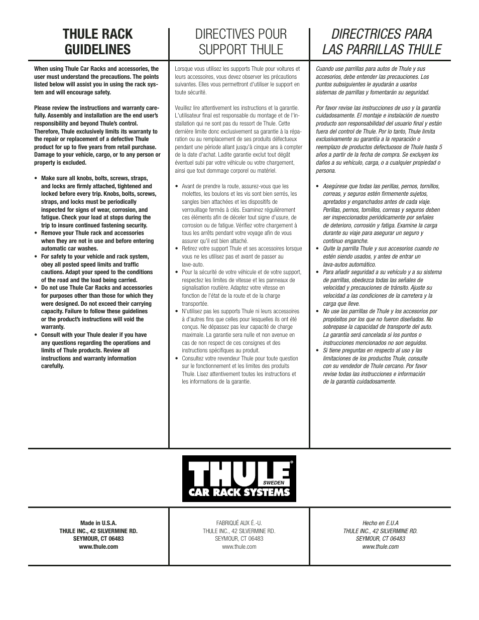 Thule rack guidelines, Directrices para las parrillas thule, Directives pour support thule | Thule Outrigger II 847 User Manual | Page 5 / 6