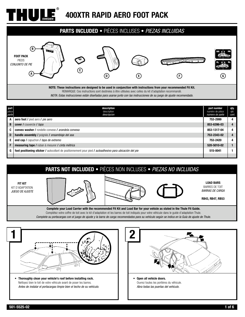 Thule Rapid Aero Foot Pack 400XTR User Manual | 8 pages