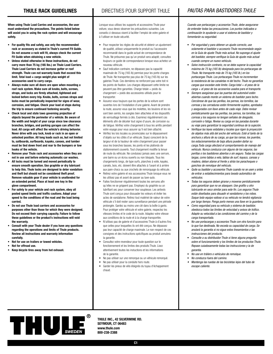 Thule rack guidelines, Directives pour support thule, Pautas para bastidores thule | Thule Rapid Aero Foot Pack 400XTR User Manual | Page 7 / 8
