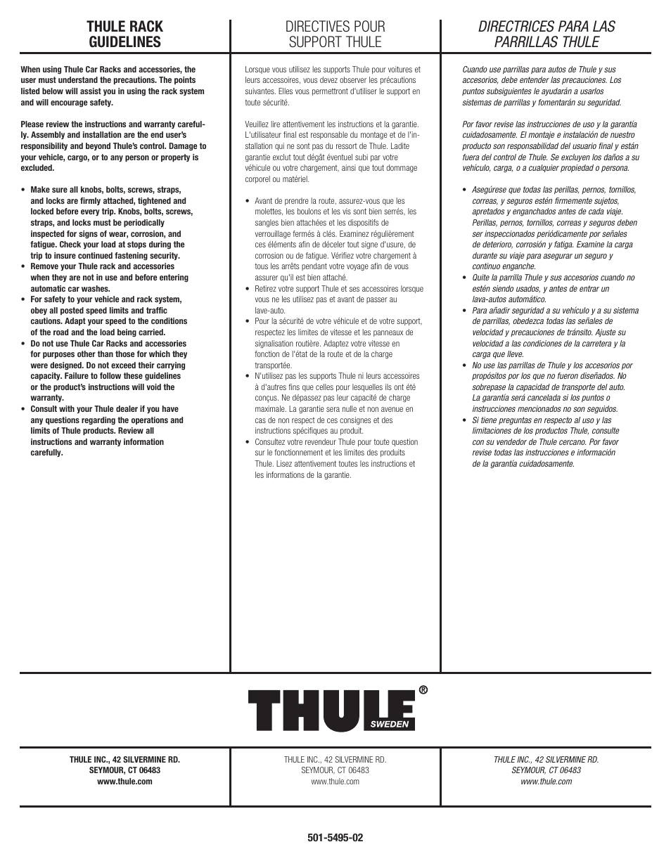 Thule rack guidelines, Directives pour support thule, Directrices para las parrillas thule | Thule 897xt User Manual | Page 11 / 12