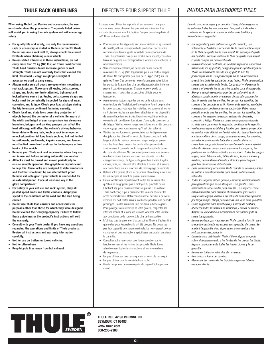 Thule rack guidelines, Directives pour support thule, Pautas para bastidores thule | Thule Universal Flat Top Ski Carrier 91725 User Manual | Page 3 / 4