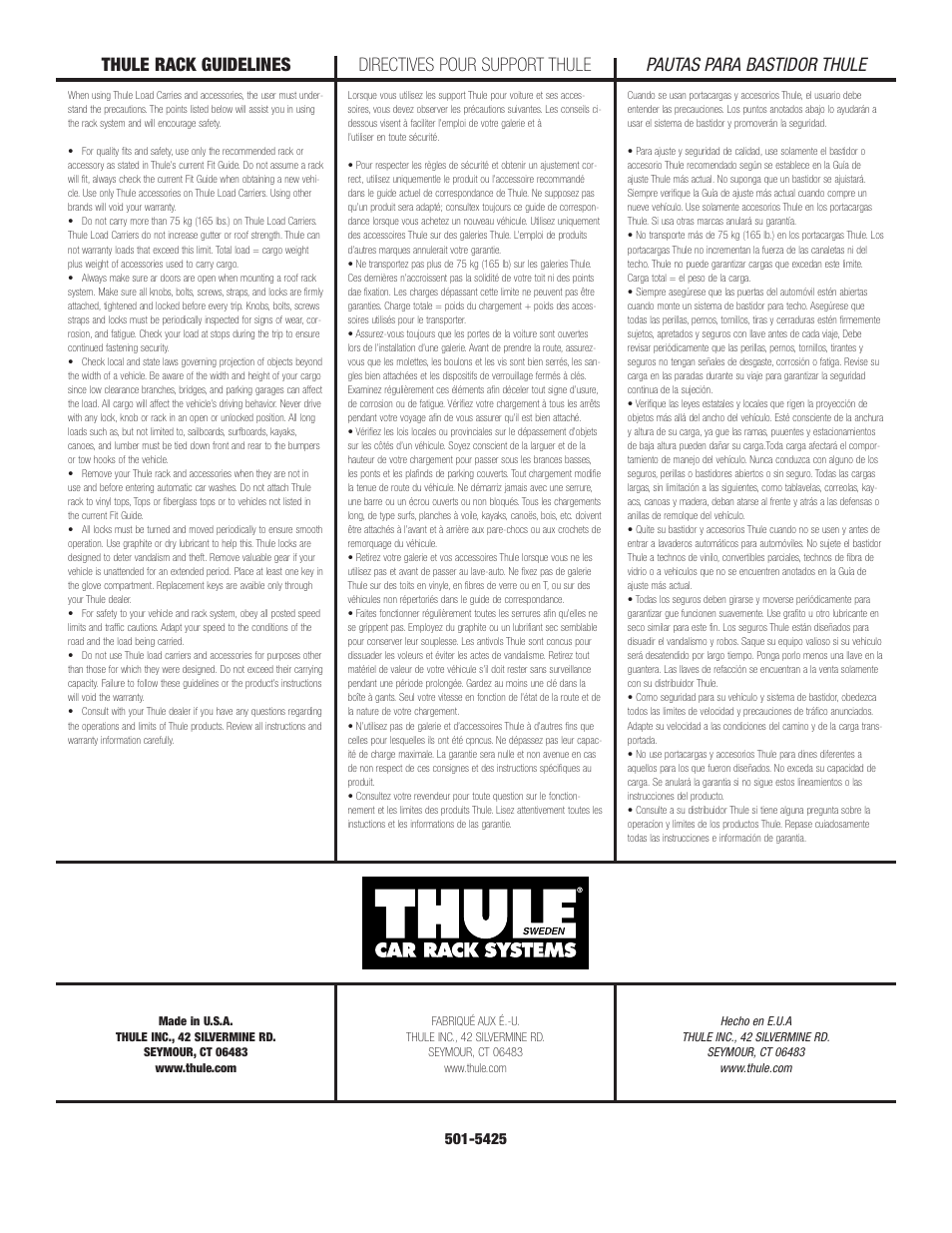 Pautas para bastidor thule, Thule rack guidelines, Directives pour support thule | Thule Set-to-Go Saddle 878 User Manual | Page 4 / 5