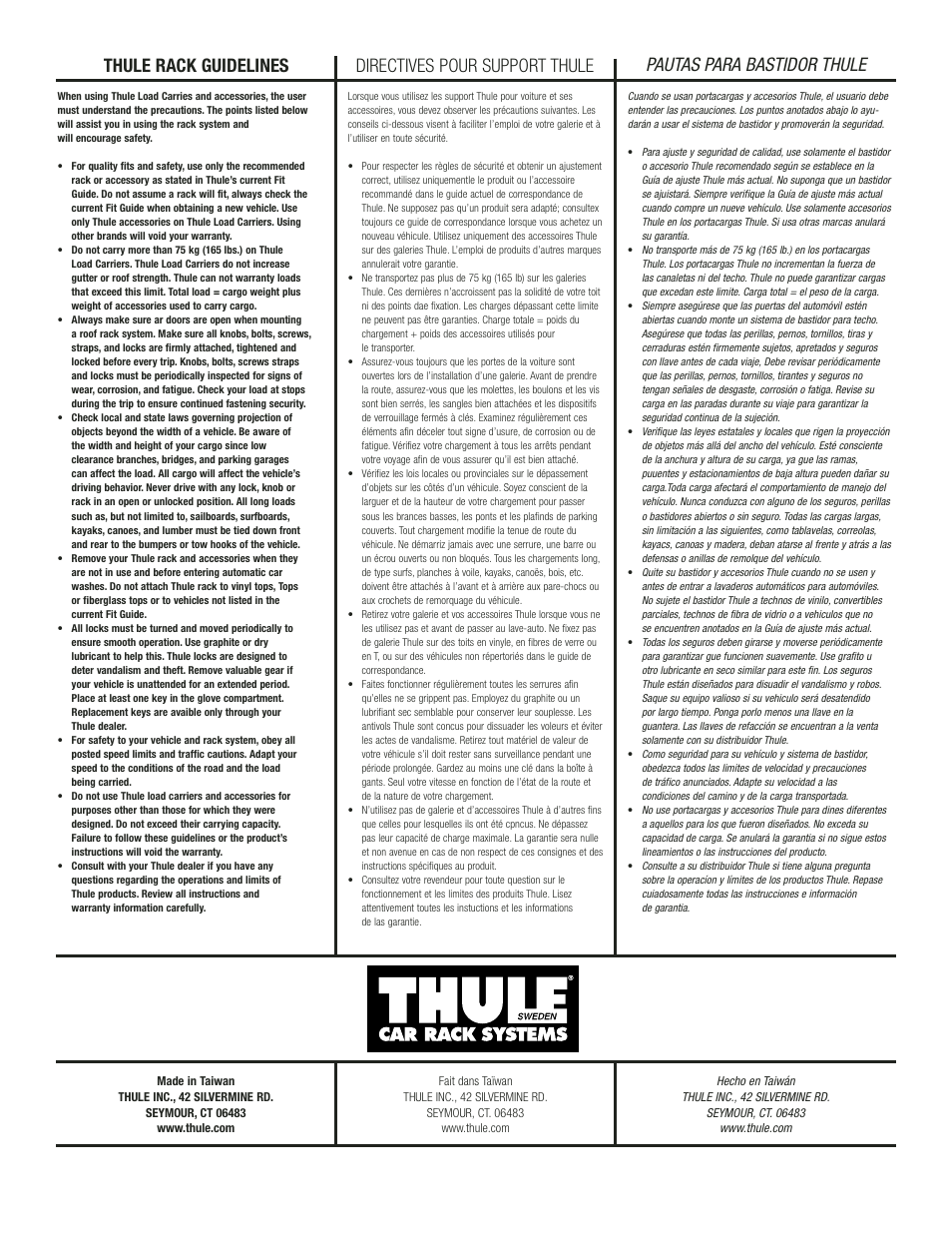 Pautas para bastidor thule, Thule rack guidelines, Directives pour support thule | Thule 881 Top Deck User Manual | Page 5 / 6
