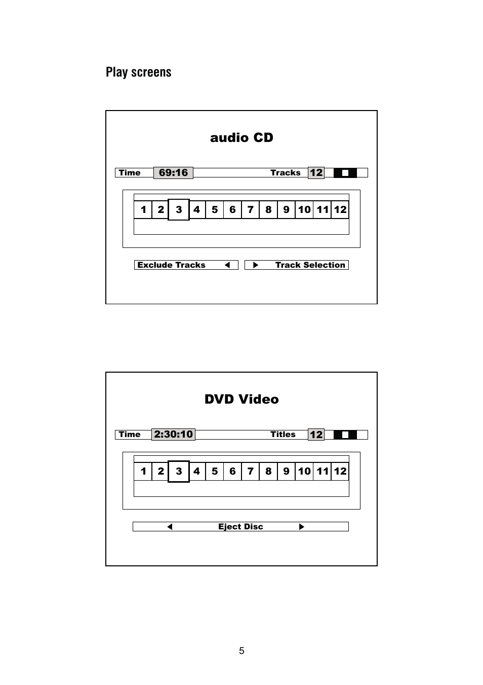 Audio cd, Dvd video, Play screens | Thule DVD250/DVD250B User Manual | Page 7 / 21