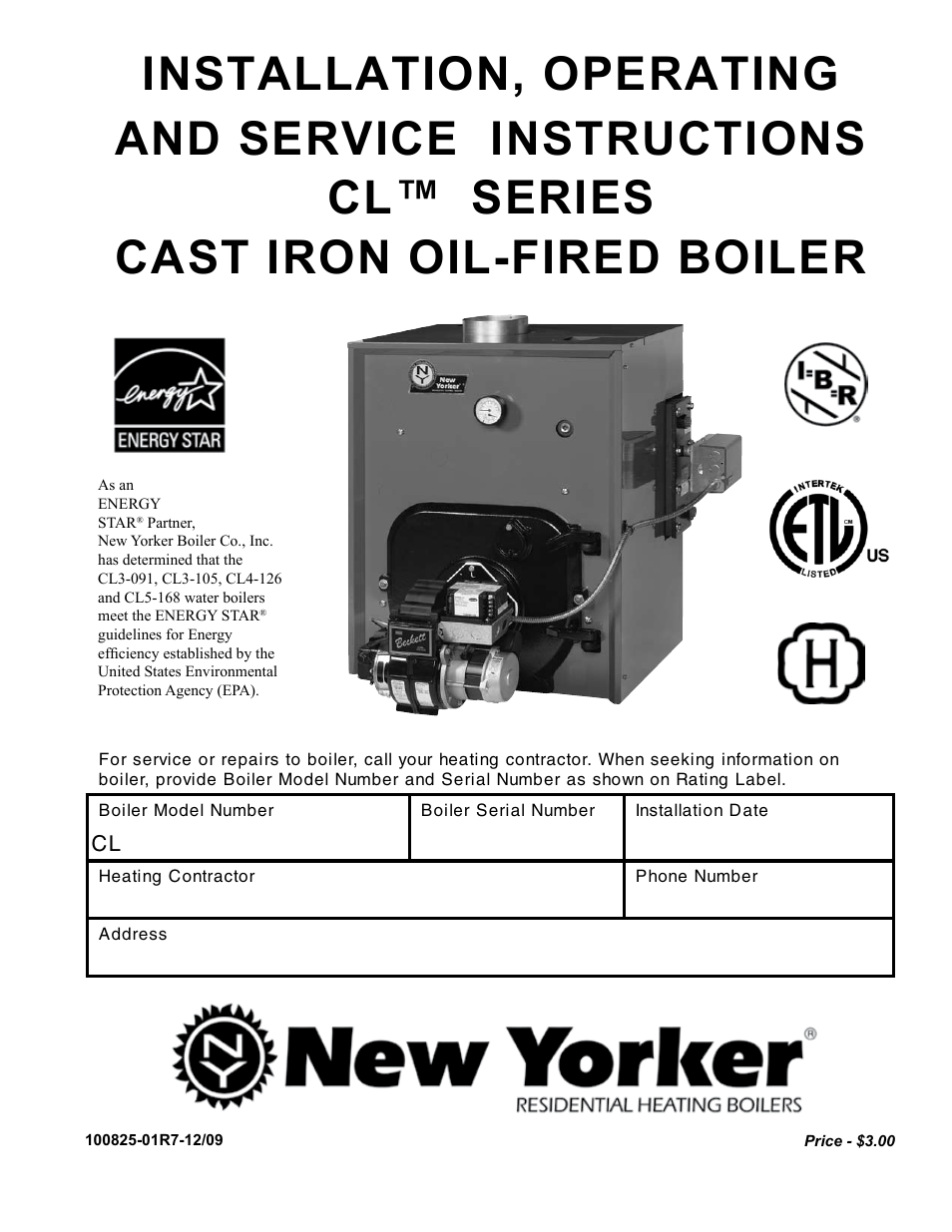 The New Yorker Store Cast Iron-Oil Fired Boiler CL User Manual | 52 pages