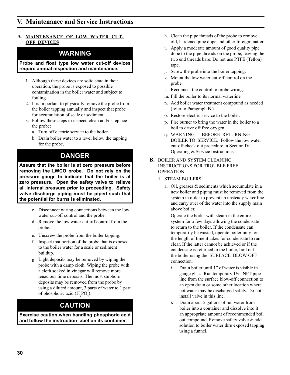 V. maintenance and service instructions, Warning, Danger | Caution | The New Yorker Store Cast Iron-Oil Fired Boiler CL User Manual | Page 30 / 52