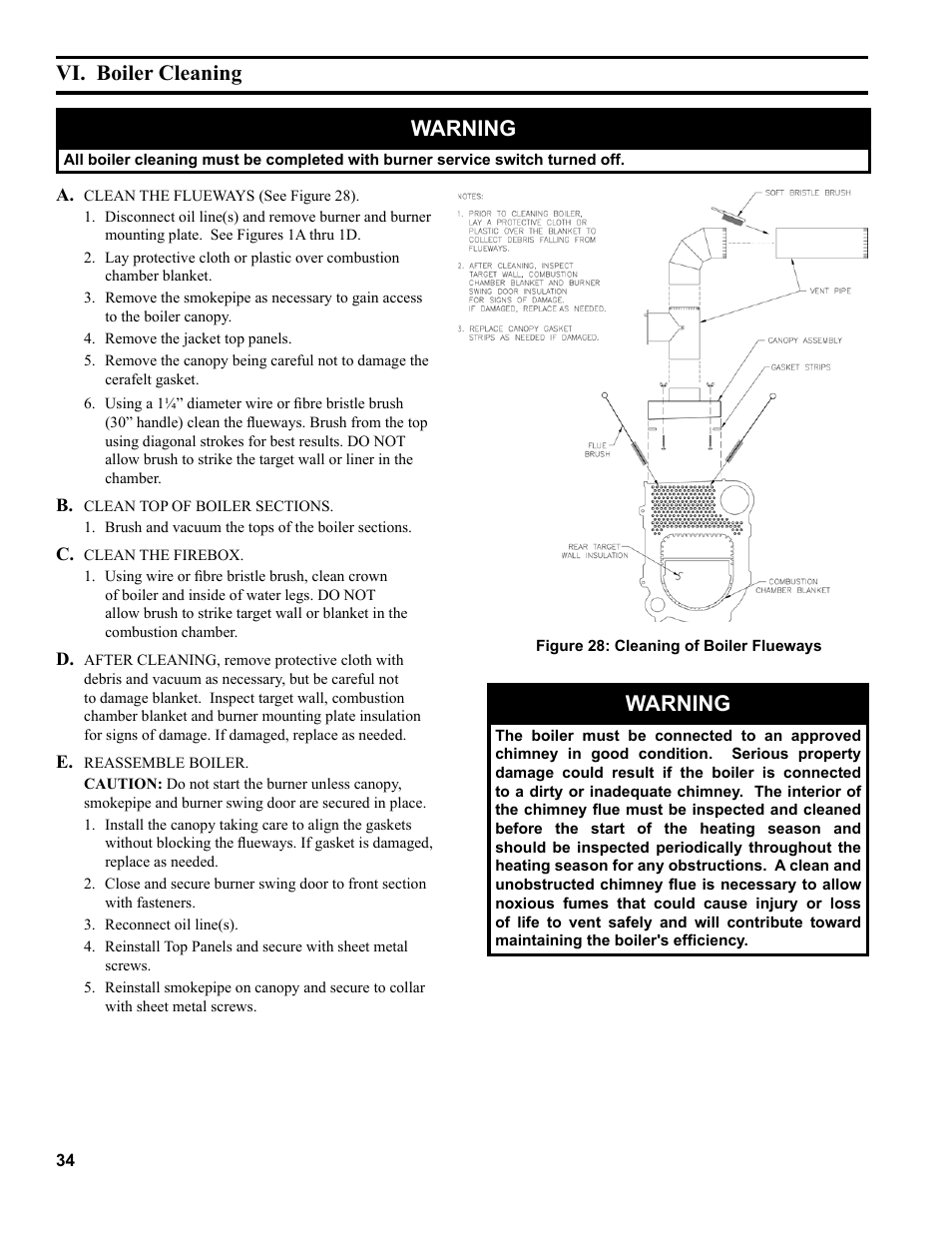 Vi. boiler cleaning, Warning | The New Yorker Store Cast Iron-Oil Fired Boiler CL User Manual | Page 34 / 52
