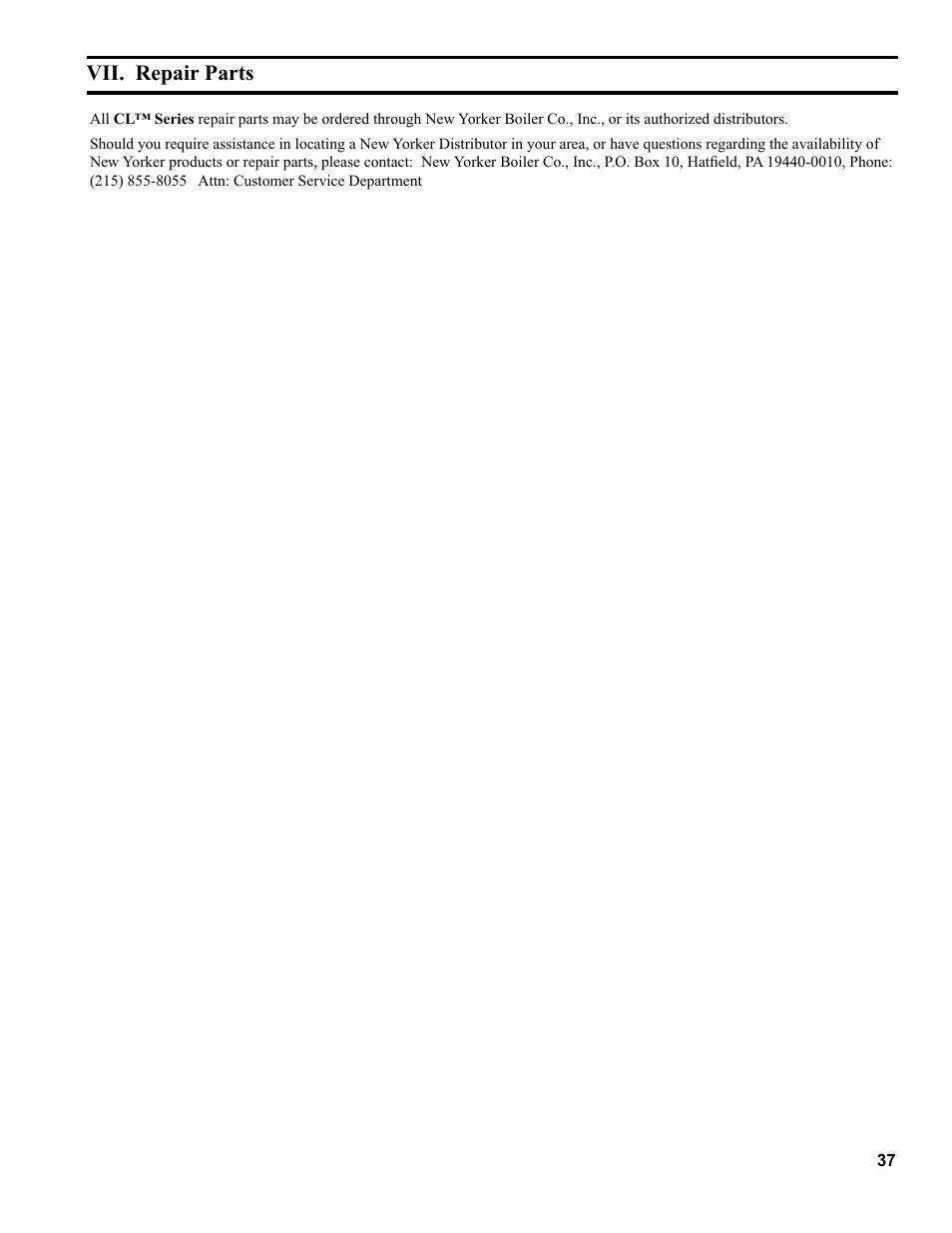 Vii. repair parts | The New Yorker Store Cast Iron-Oil Fired Boiler CL User Manual | Page 37 / 52