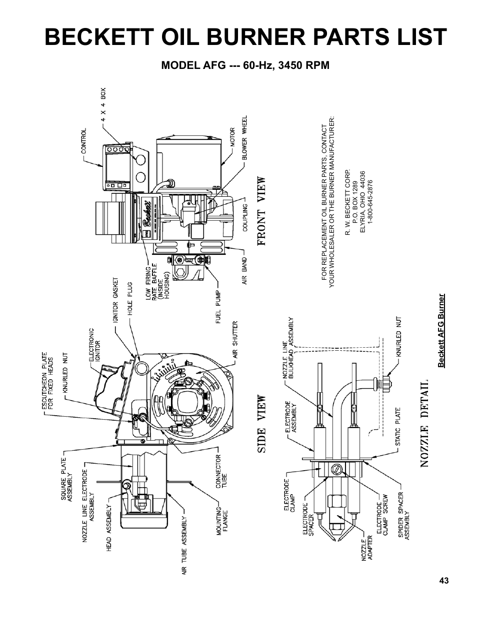 Beckett oil burner parts list, Model afg -hz, 3450 rpm | The New Yorker Store Cast Iron-Oil Fired Boiler CL User Manual | Page 43 / 52