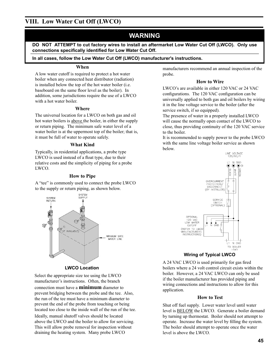 Viii. low water cut off (lwco), Warning | The New Yorker Store Cast Iron-Oil Fired Boiler CL User Manual | Page 45 / 52
