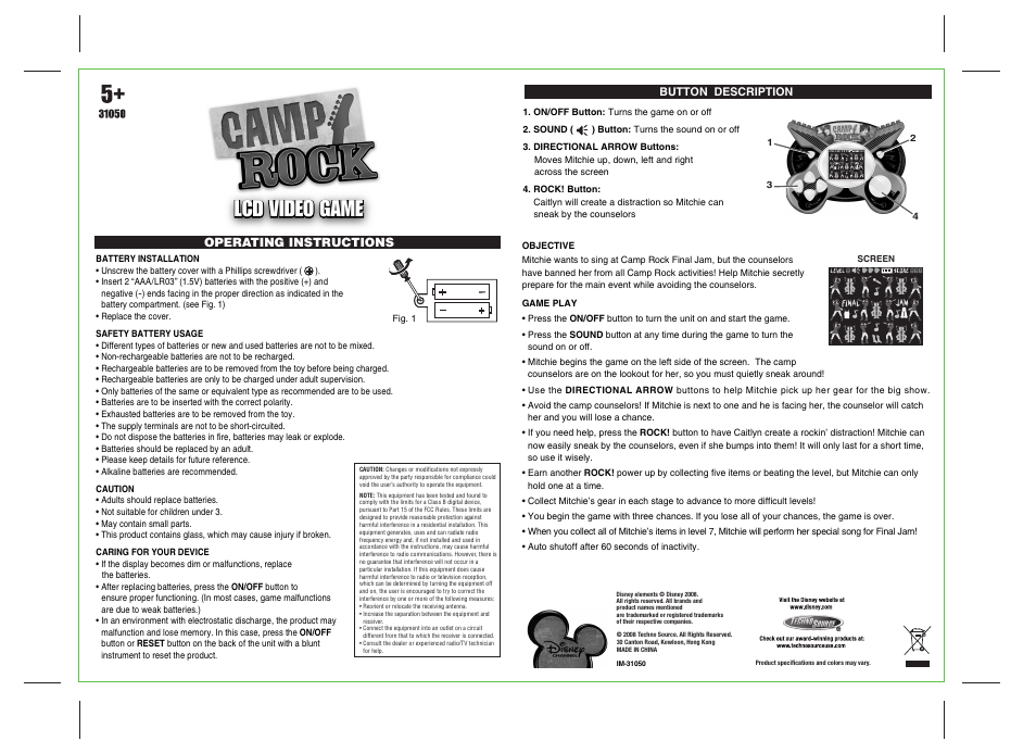 Techno Source LCD Video Game Camp Rock User Manual | 1 page