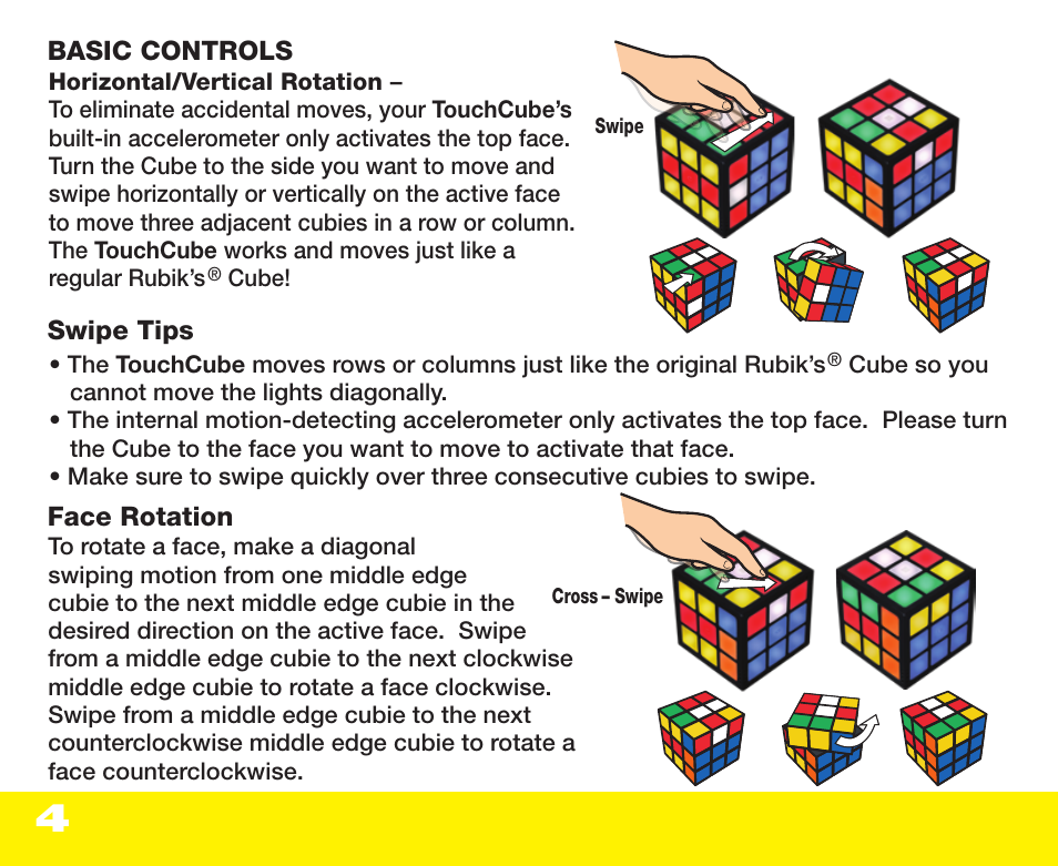 Basic controls swipe tips face rotation | Techno Source Rubik's TouchCube User Manual | Page 6 / 15