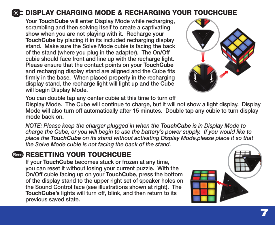 Resetting your touchcube, Display charging mode & recharging your touchcube | Techno Source Rubik's TouchCube User Manual | Page 9 / 15