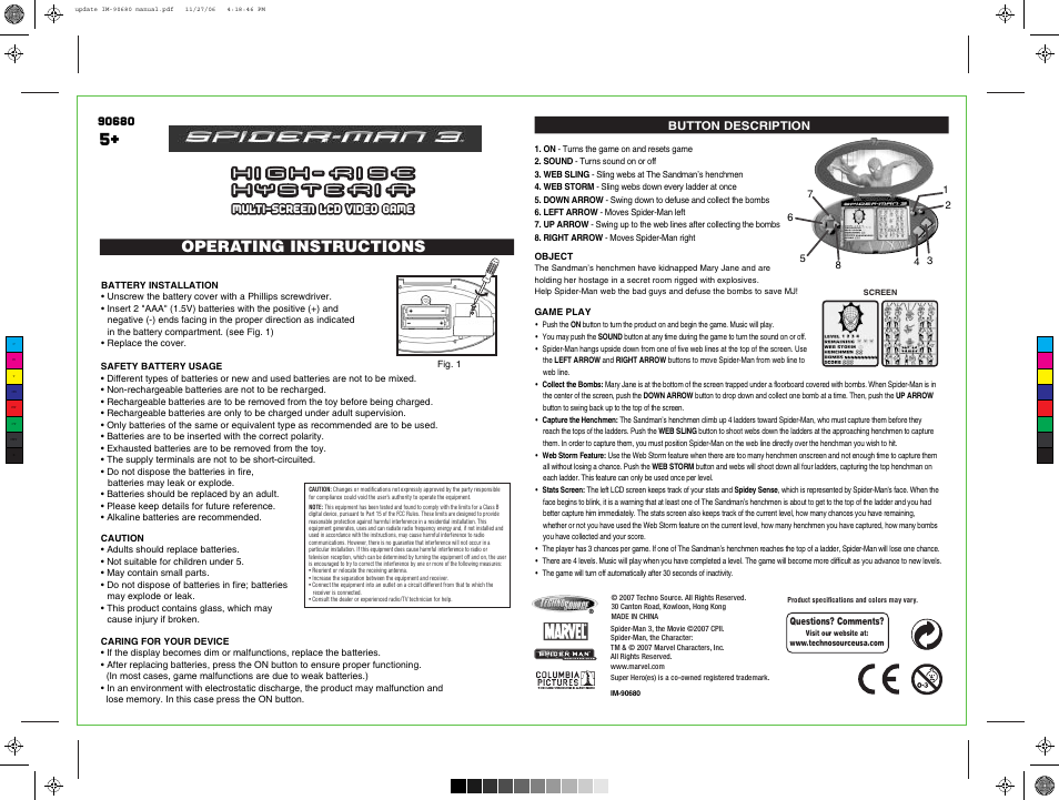 Techno Source Spider-man 3 High-Rise Hysteria User Manual | 1 page