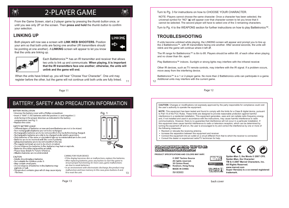 Player game, Battery, safety and precaution information, Linking up | Troubleshooting | Techno Source Spider-man 3: Battle Tronics User Manual | Page 4 / 4