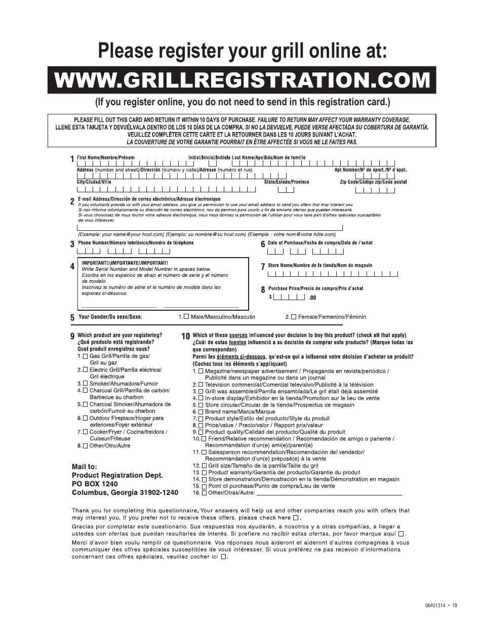 Please register your grill online at | Thermos EXPRESS 06401314 User Manual | Page 19 / 20