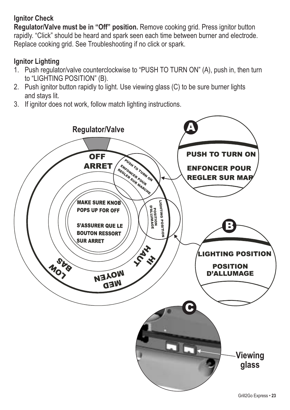 Ab c, Viewing glass, Regulator/valve | Off arret, Hi h au t med moy en lo w ba s | Thermos EXPRESS 465630503 User Manual | Page 23 / 32